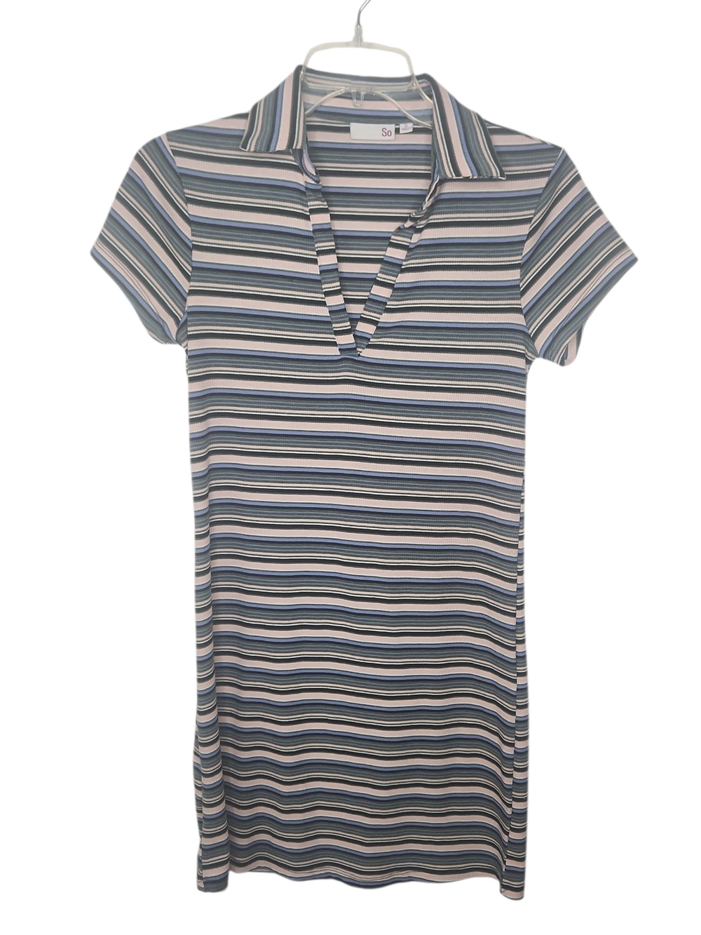 So Striped Blue/Pink Horizontal Striped Polo Split Collar V‑Neck Dress Size S